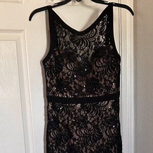 NW NIGHTWAY Black Lace Sequin Evening Gown Size 8P Flared Hem SKU 110